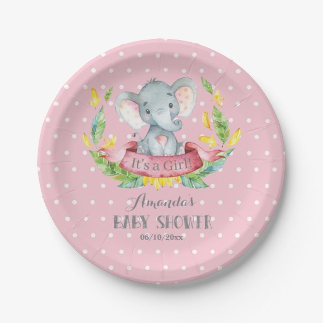 Girl Elephant Baby Shower Pink and Gray Paper Plate (Front)