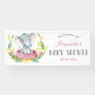 Girl Elephant Baby Shower Pink and Grey Banner