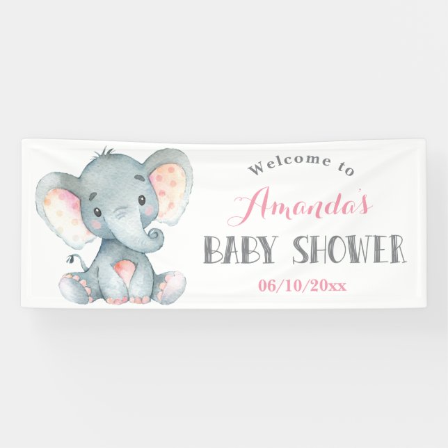 Girl Elephant Baby Shower Pink and Grey Banner (Horizontal)