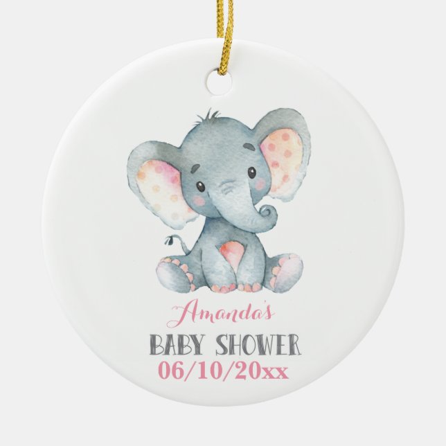 Girl Elephant Baby Shower Pink and Grey Ceramic Tree Decoration (Front)