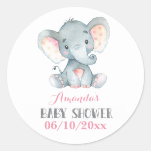 Girl Elephant Baby Shower Pink and Grey Classic Round Sticker