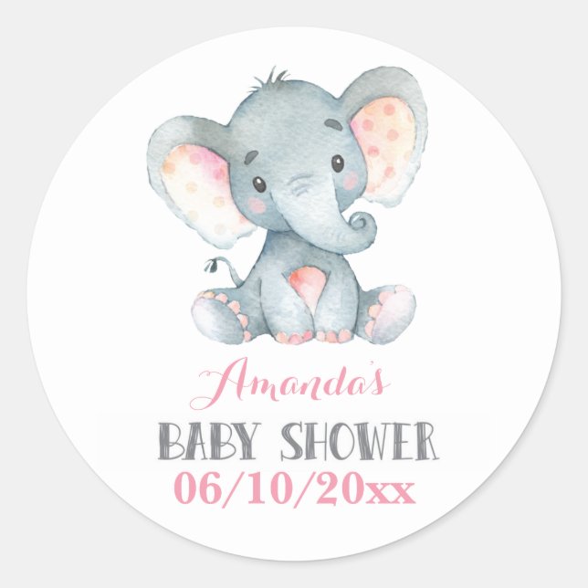 Girl Elephant Baby Shower Pink and Grey Classic Round Sticker (Front)