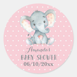 Girl Elephant Baby Shower Pink and Grey Classic Round Sticker
