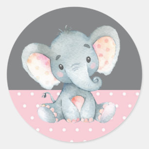 Girl Elephant Baby Shower Pink and Grey Classic Round Sticker