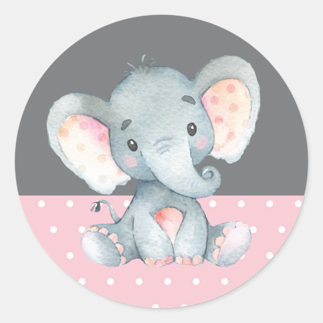 Girl Elephant Baby Shower Pink and Grey Classic Round Sticker (Front)