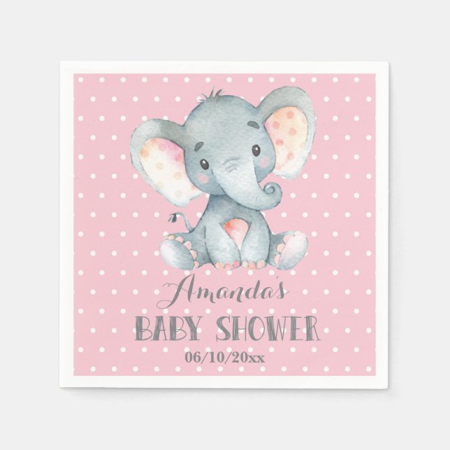 Girl Elephant Baby Shower Pink and Grey Napkins (Front)
