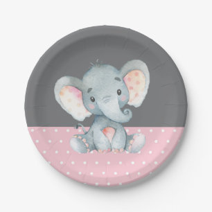 Girl Elephant Baby Shower Pink and Grey Paper Plate