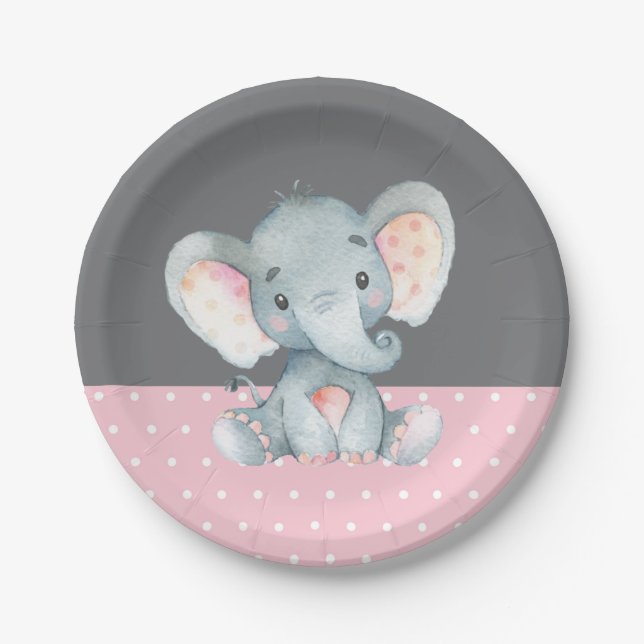 Girl Elephant Baby Shower Pink and Grey Paper Plate (Front)