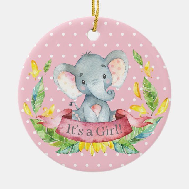 Girl Elephant Baby Shower Pink Ceramic Tree Decoration (Front)