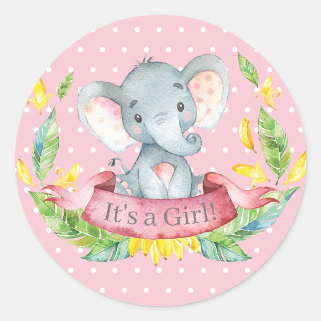 Girl Elephant Baby Shower Pink Classic Round Sticker (Front)