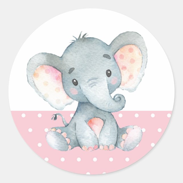 Girl Elephant Baby Shower Pink Classic Round Sticker (Front)