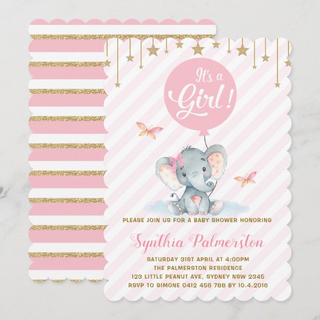 Girl Elephant Baby Shower Pink Gold Star Invite (Front/Back)