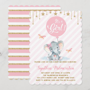 Girl Elephant Baby Shower Pink Gold Star Invite