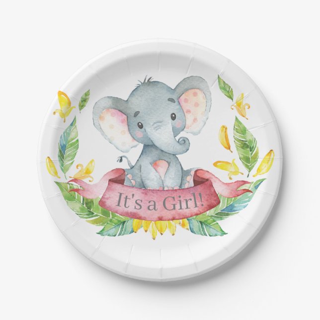 Girl Elephant Baby Shower Pink Paper Plate (Front)