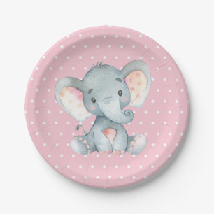Girl Elephant Baby Shower Pink Paper Plate