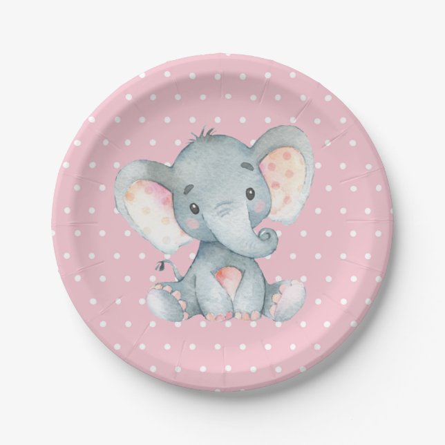 Girl Elephant Baby Shower Pink Paper Plate (Front)