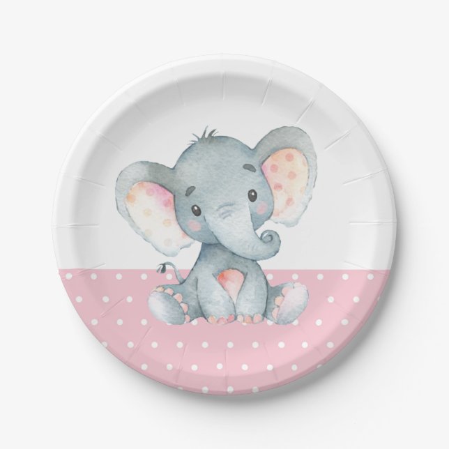Girl Elephant Baby Shower Pink Paper Plate (Front)