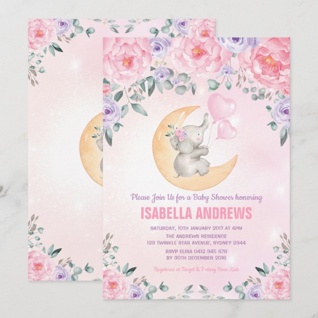 Girl Elephant Baby Shower / Pink Purple Floral Invitation (Front/Back)