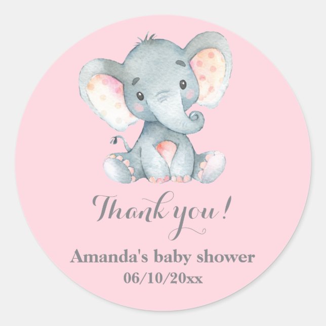 Girl Elephant Baby Shower Pink Thank You Favour Classic Round Sticker (Front)