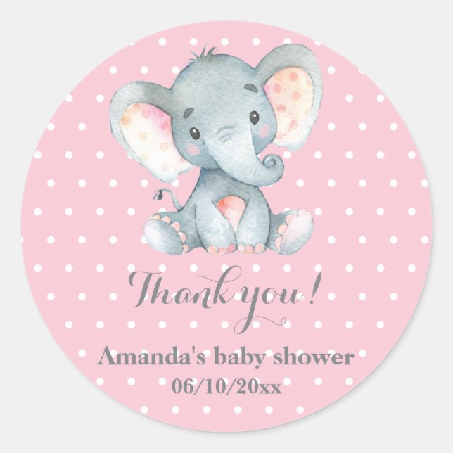 Girl Elephant Baby Shower Pink Thank You Favour Classic Round Sticker (Front)