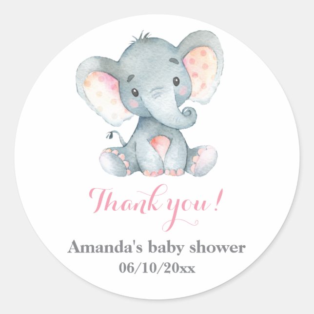 Girl Elephant Baby Shower Pink Thank You Favour Classic Round Sticker (Front)