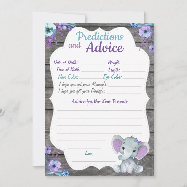 Girl Elephant Baby Shower Prediction Advice card (Front)