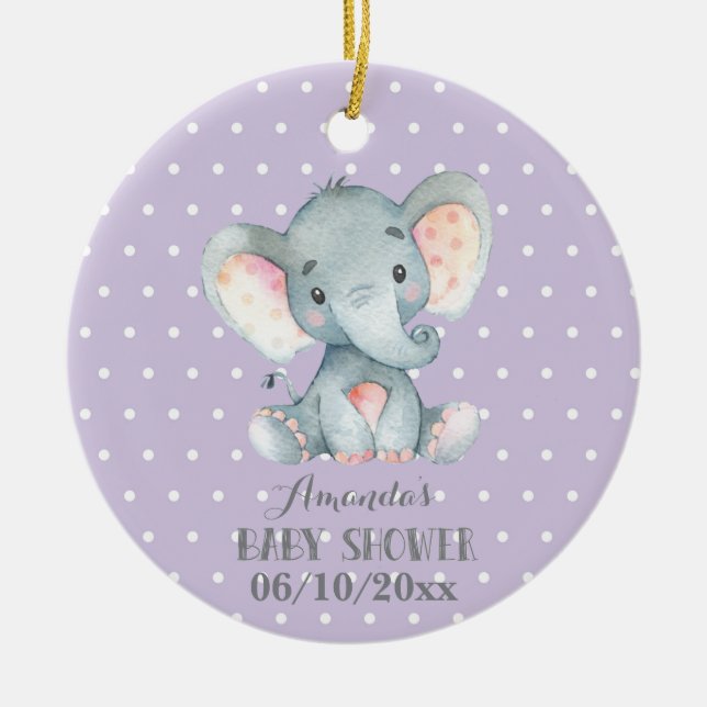 Girl Elephant Baby Shower Purple and Grey Ceramic Tree Decoration (Front)