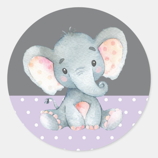 Girl Elephant Baby Shower Purple and Grey Classic Round Sticker (Front)