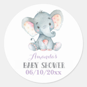 Girl Elephant Baby Shower Purple and Grey Classic Round Sticker