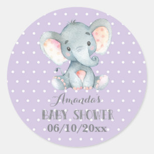 Girl Elephant Baby Shower Purple and Grey Classic Round Sticker
