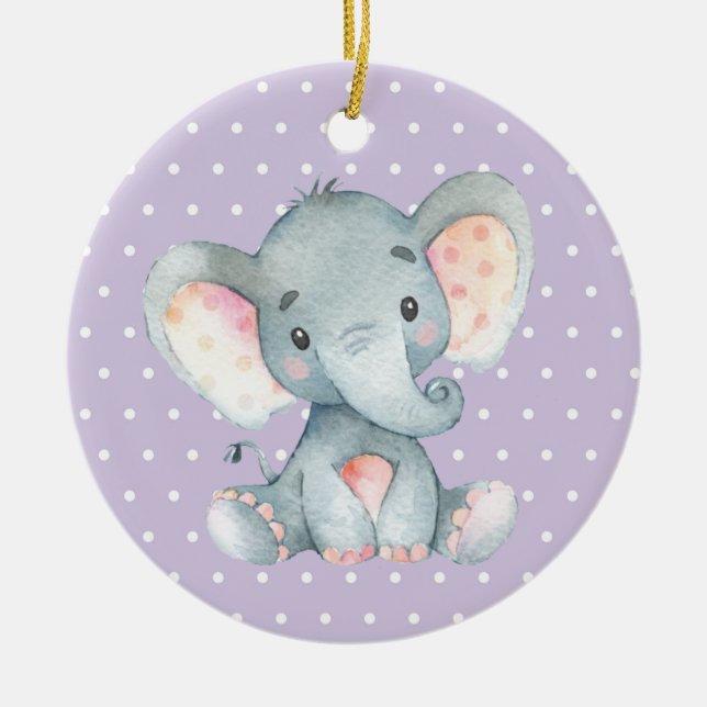 Girl Elephant Baby Shower Purple Ceramic Tree Decoration (Front)
