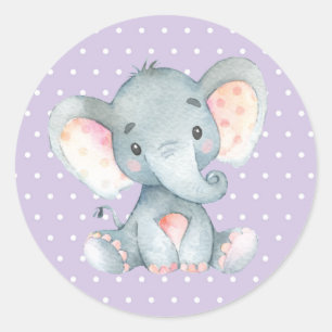 Girl Elephant Baby Shower Purple Classic Round Sticker