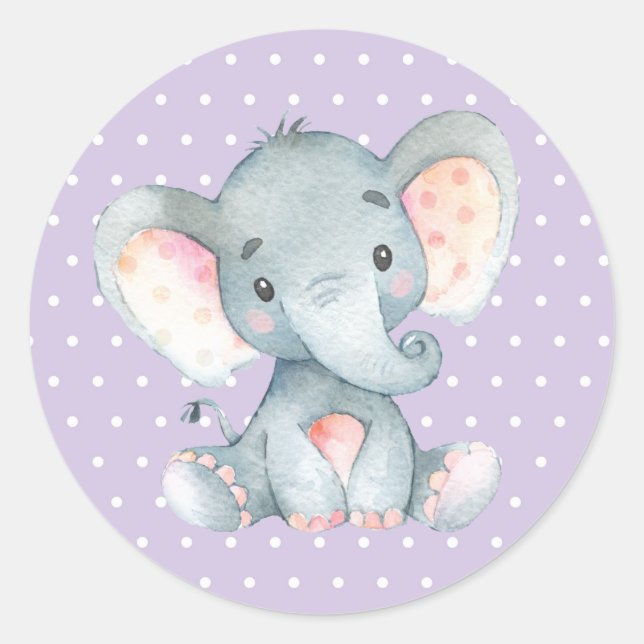Girl Elephant Baby Shower Purple Classic Round Sticker (Front)