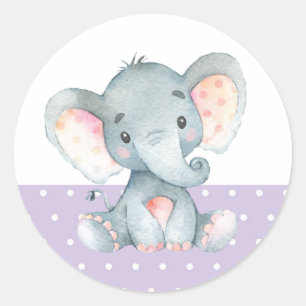 Girl Elephant Baby Shower Purple Classic Round Sticker