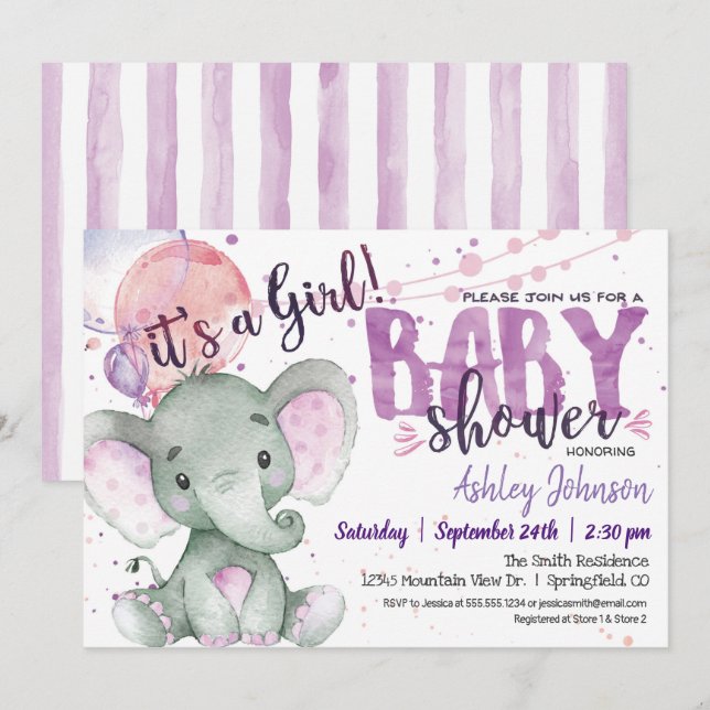 Girl Elephant Baby Shower Purple, Lavender Invitation (Front/Back)