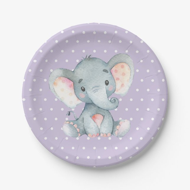 Girl Elephant Baby Shower Purple Paper Plate (Front)
