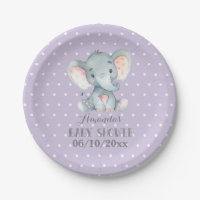 Girl Elephant Baby Shower Purple Paper Plate