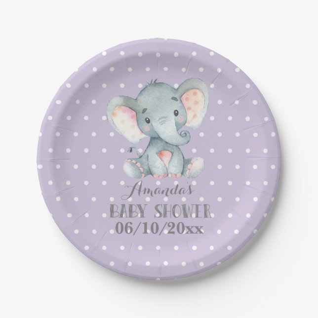 Girl Elephant Baby Shower Purple Paper Plate (Front)