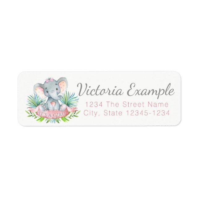 Girl Elephant Baby Shower Return Address Labels (Front)