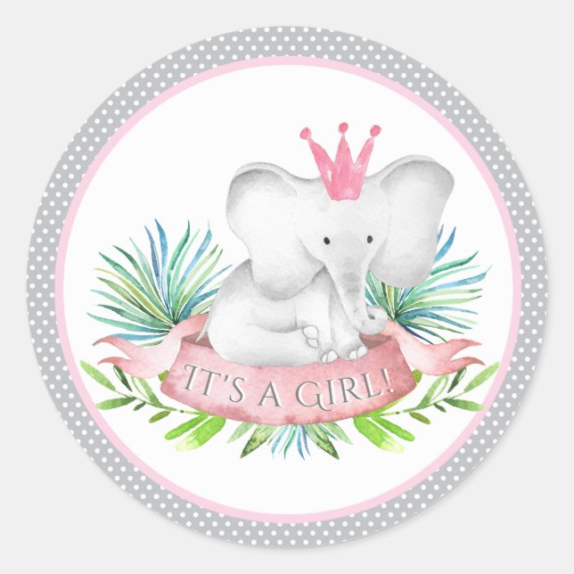 Girl Elephant Baby Shower Stickers (Front)