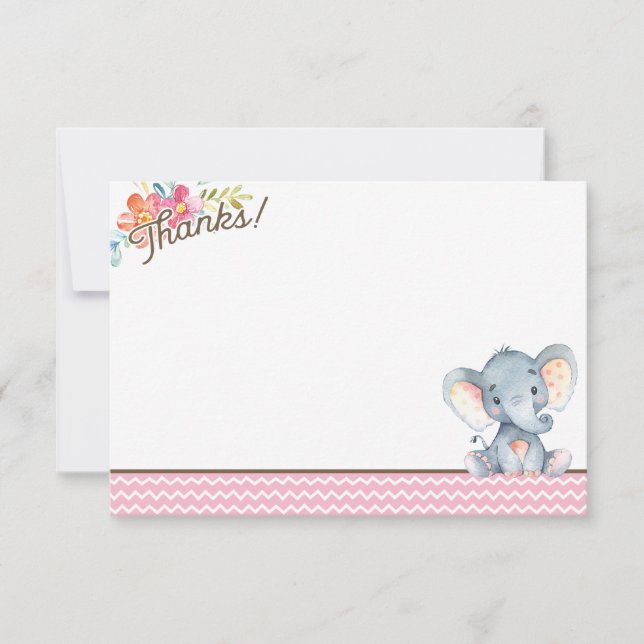 Girl Elephant Baby Shower Thank You Card (Front)