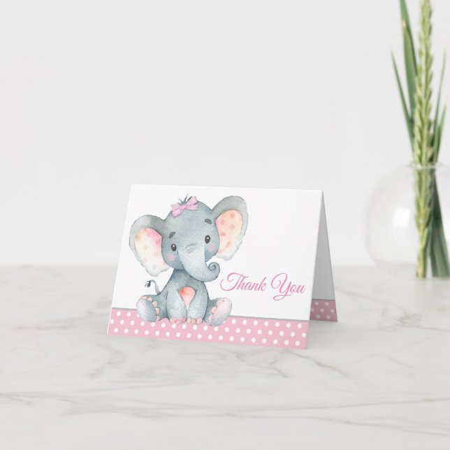 Girl Elephant Baby Shower Thank You Cards (Front)