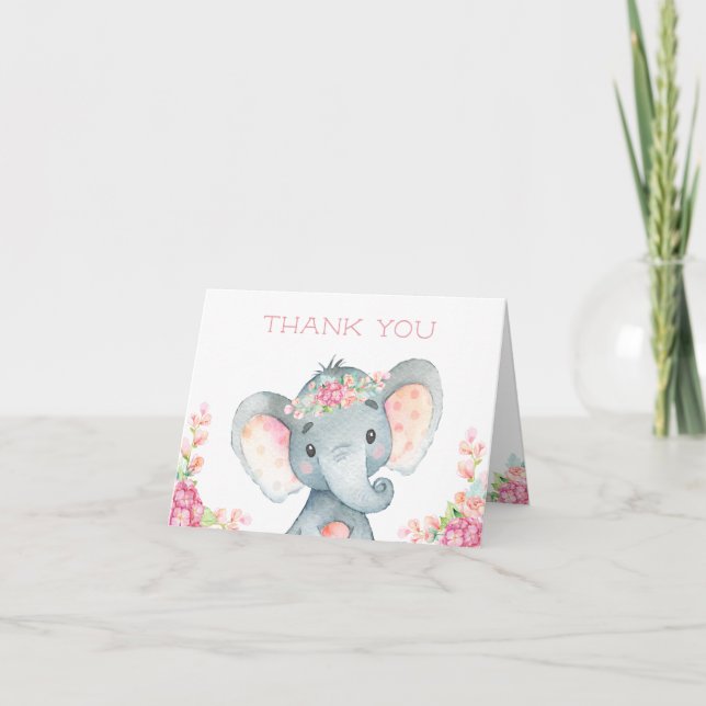 Girl Elephant Baby Shower Thank You Note Card (Front)