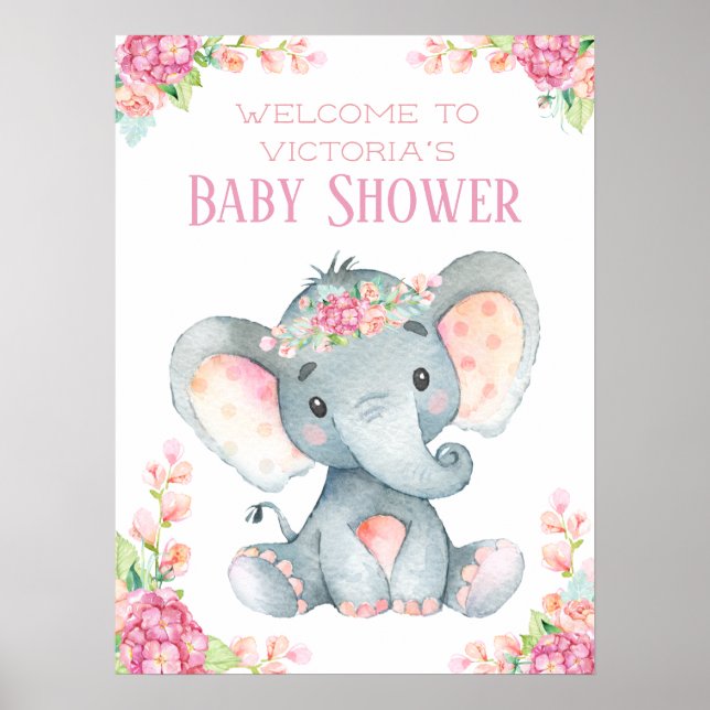 Girl Elephant Baby Shower Welcome Table Sign (Front)