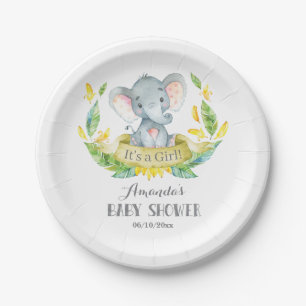 Girl Elephant Baby Shower Yellow and Grey Paper Plate