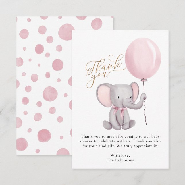 Girl Elephant Balloons Baby Shower Thank You Card (Front/Back)