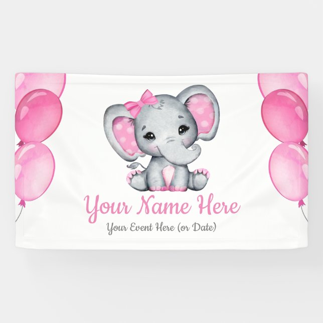 Girl Elephant Banner Pink Sign Decor Backdrop (Horizontal)