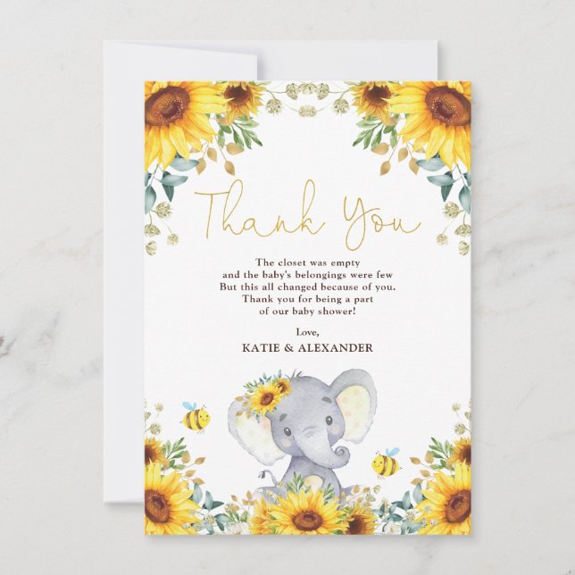 Girl Elephant Boho Sunflower Greenery Baby Shower Thank You Card (Front)