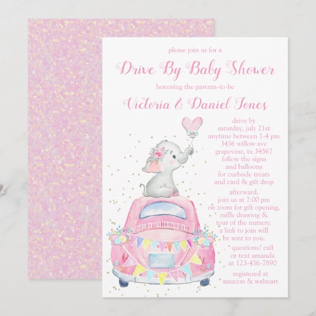 Girl Elephant Car Drive By Baby Shower Invitation (Front/Back)