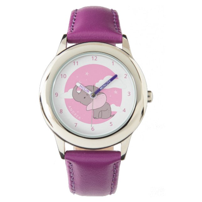 Girl Elephant Cute Pink Dreamy Clouds Kids Name    Watch (Front)